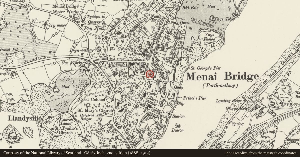 Ordnance Survey six-inch map, 2nd edition (1888–1913) covering the location of No 1 Tan Bryn, Menai Bridge, Isle of Anglesey, with a pin at the register's coordinates