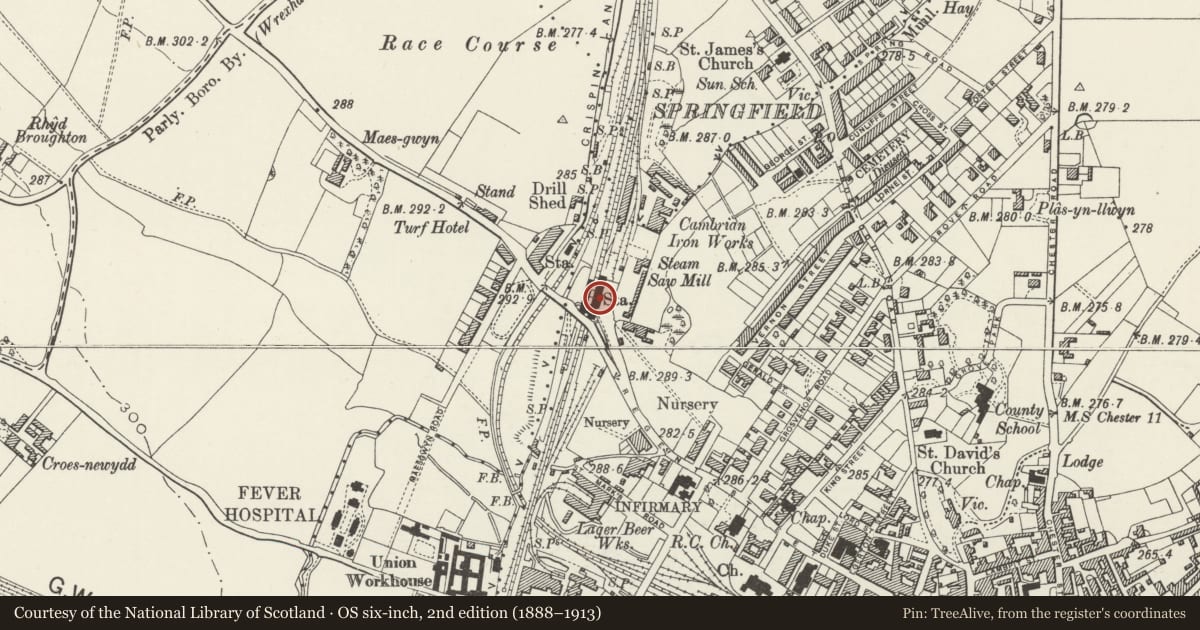 Ordnance Survey six-inch map, 2nd edition (1888–1913) covering the location of Wrexham General Station: Entrance Building, Rhosddu, Wrexham, with a pin at the register's coordinates