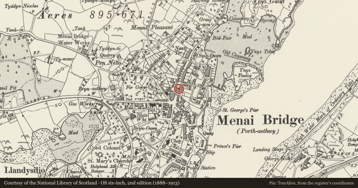 Ordnance Survey six-inch map, 2nd edition (1888–1913) covering the location of Hawthorn House, Menai Bridge, Isle of Anglesey, with a pin at the register's coordinates