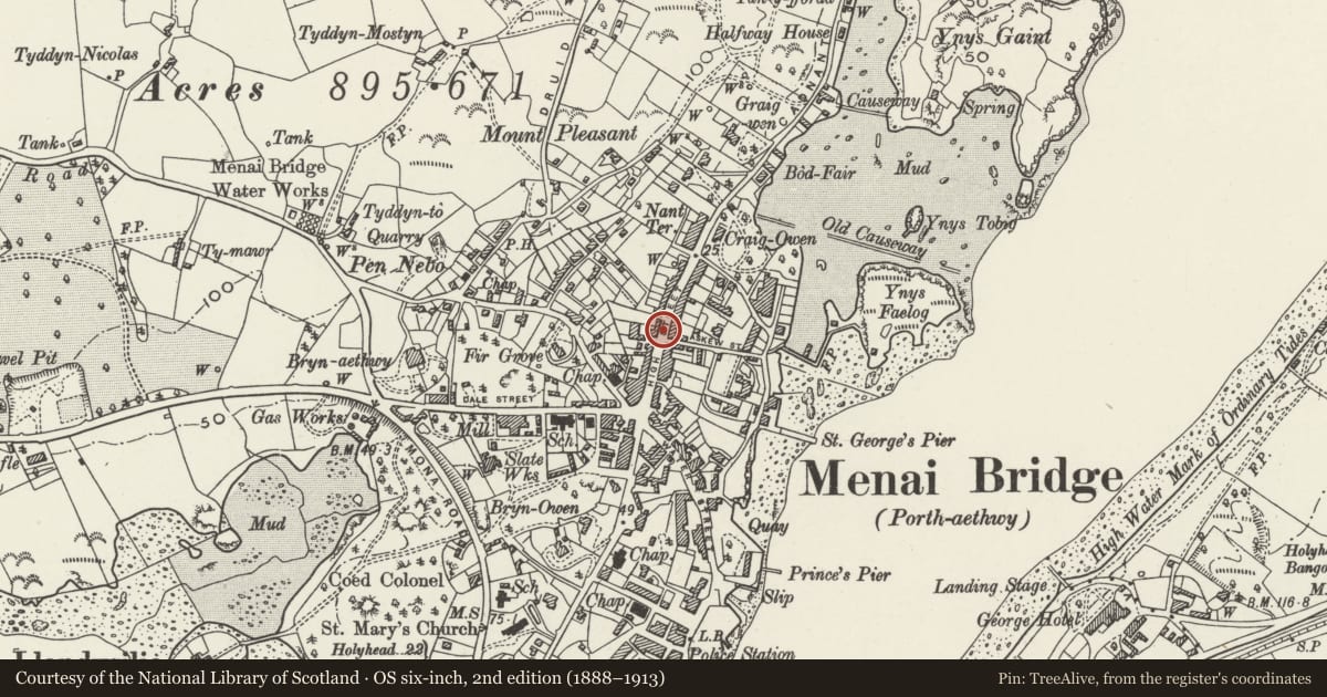 Ordnance Survey six-inch map, 2nd edition (1888–1913) covering the location of Milestone, Menai Bridge, Isle of Anglesey, with a pin at the register's coordinates