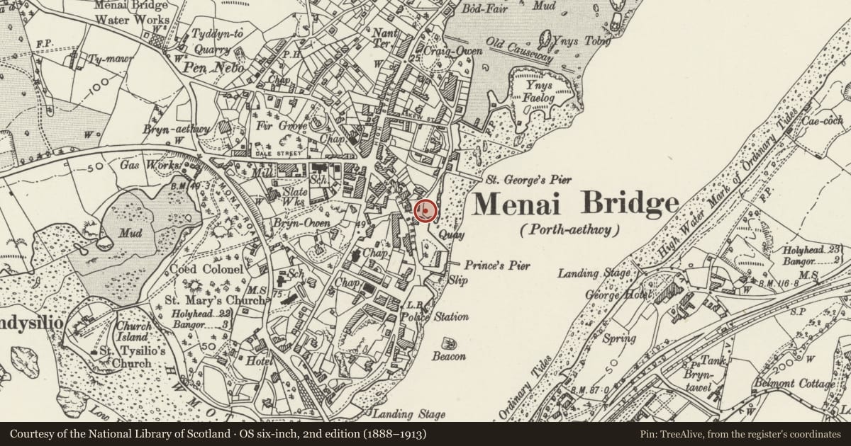 Ordnance Survey six-inch map, 2nd edition (1888–1913) covering the location of St. George's Pier Booking Office and gates, Menai Bridge, Isle of Anglesey, with a pin at the register's coordinates