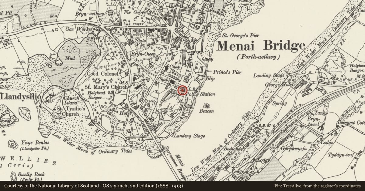 Ordnance Survey six-inch map, 2nd edition (1888–1913) covering the location of Former Police Station, Menai Bridge, Isle of Anglesey, with a pin at the register's coordinates