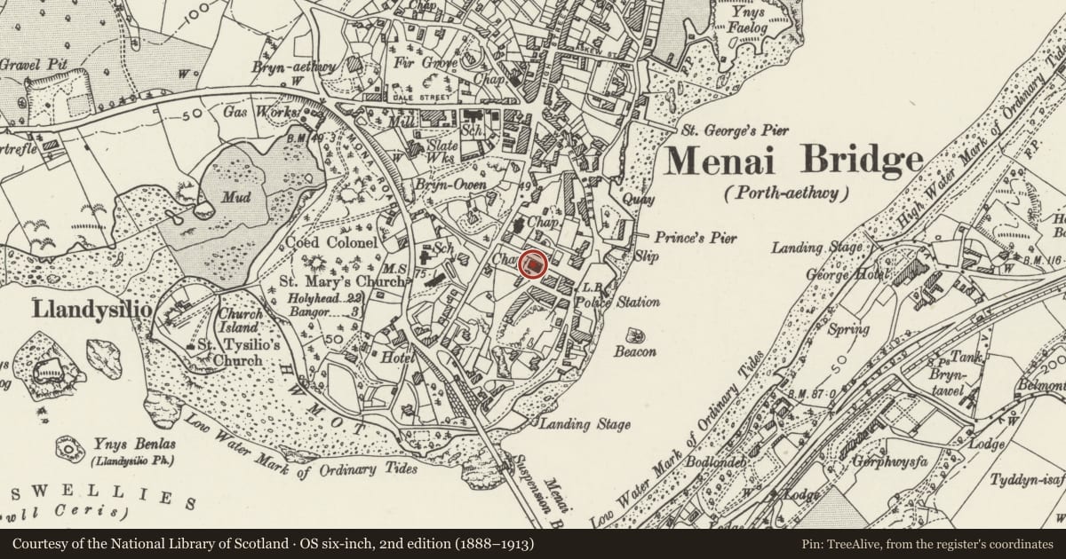 Ordnance Survey six-inch map, 2nd edition (1888–1913) covering the location of Capel Mawr Presbyterian Chapel, Menai Bridge, Isle of Anglesey, with a pin at the register's coordinates