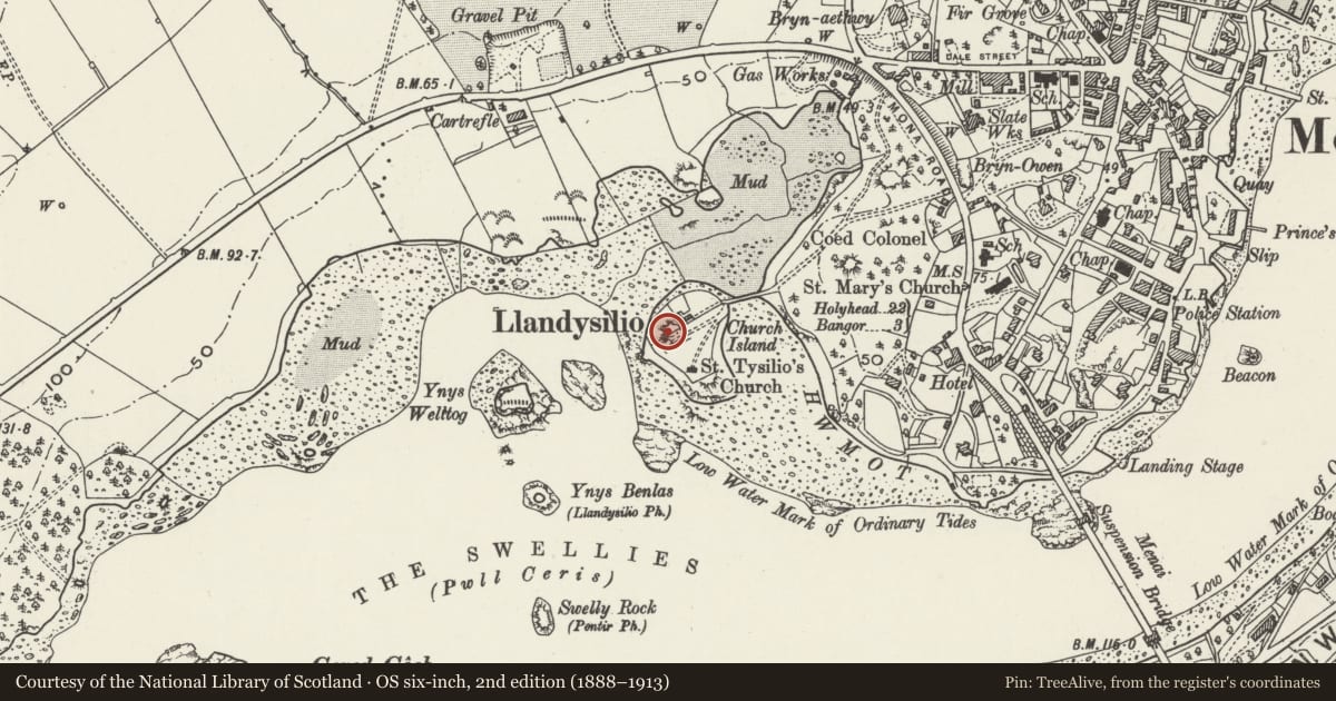 Ordnance Survey six-inch map, 2nd edition (1888–1913) covering the location of War Memorial, Church of St Tysilio, Menai Bridge, Isle of Anglesey, with a pin at the register's coordinates