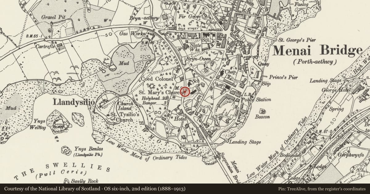 Ordnance Survey six-inch map, 2nd edition (1888–1913) covering the location of Telford Milestone (22), Mona Road, Menai Bridge, Isle of Anglesey, with a pin at the register's coordinates