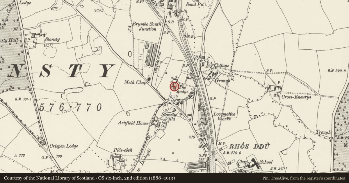 Ordnance Survey six-inch map, 2nd edition (1888–1913) covering the location of 10-12 Weston Drive, Rhosddu, Wrexham, with a pin at the register's coordinates