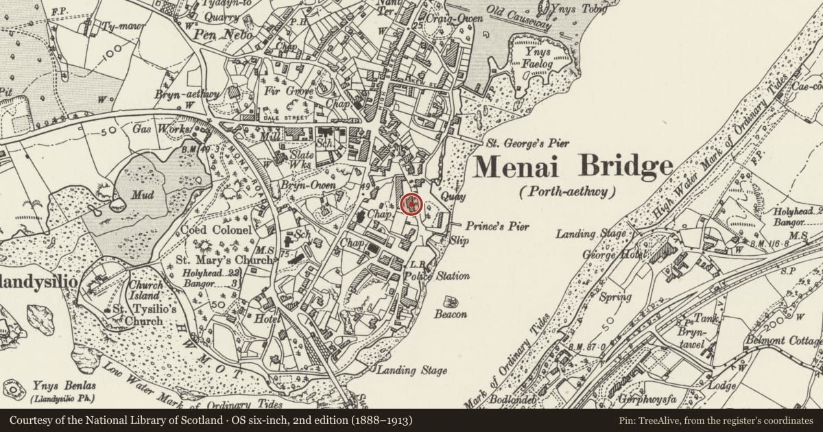 Ordnance Survey six-inch map, 2nd edition (1888–1913) covering the location of Warehouses, Menai Bridge, Isle of Anglesey, with a pin at the register's coordinates