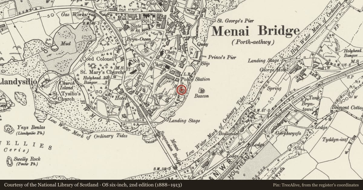 Ordnance Survey six-inch map, 2nd edition (1888–1913) covering the location of The Foundry, Menai Bridge, Isle of Anglesey, with a pin at the register's coordinates
