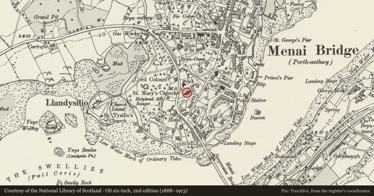 Ordnance Survey six-inch map, 2nd edition (1888–1913) covering the location of St. Mary's Church, Menai Bridge, Isle of Anglesey, with a pin at the register's coordinates