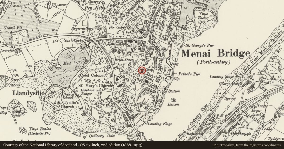 Ordnance Survey six-inch map, 2nd edition (1888–1913) covering the location of English Presbyterian Chapel, Menai Bridge, Isle of Anglesey, with a pin at the register's coordinates