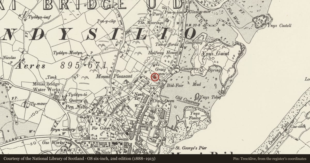 Ordnance Survey six-inch map, 2nd edition (1888–1913) covering the location of Y Craig Wen, Menai Bridge, Isle of Anglesey, with a pin at the register's coordinates