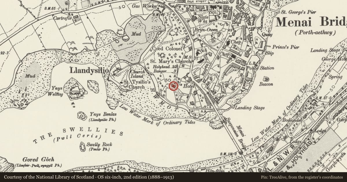 Ordnance Survey six-inch map, 2nd edition (1888–1913) covering the location of Craig yr Halen, Menai Bridge, Isle of Anglesey, with a pin at the register's coordinates