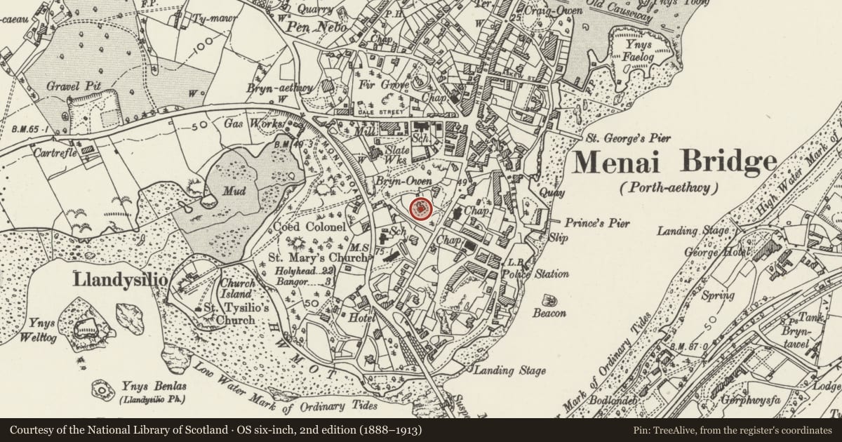 Ordnance Survey six-inch map, 2nd edition (1888–1913) covering the location of Bryn Lwyd, Menai Bridge, Isle of Anglesey, with a pin at the register's coordinates