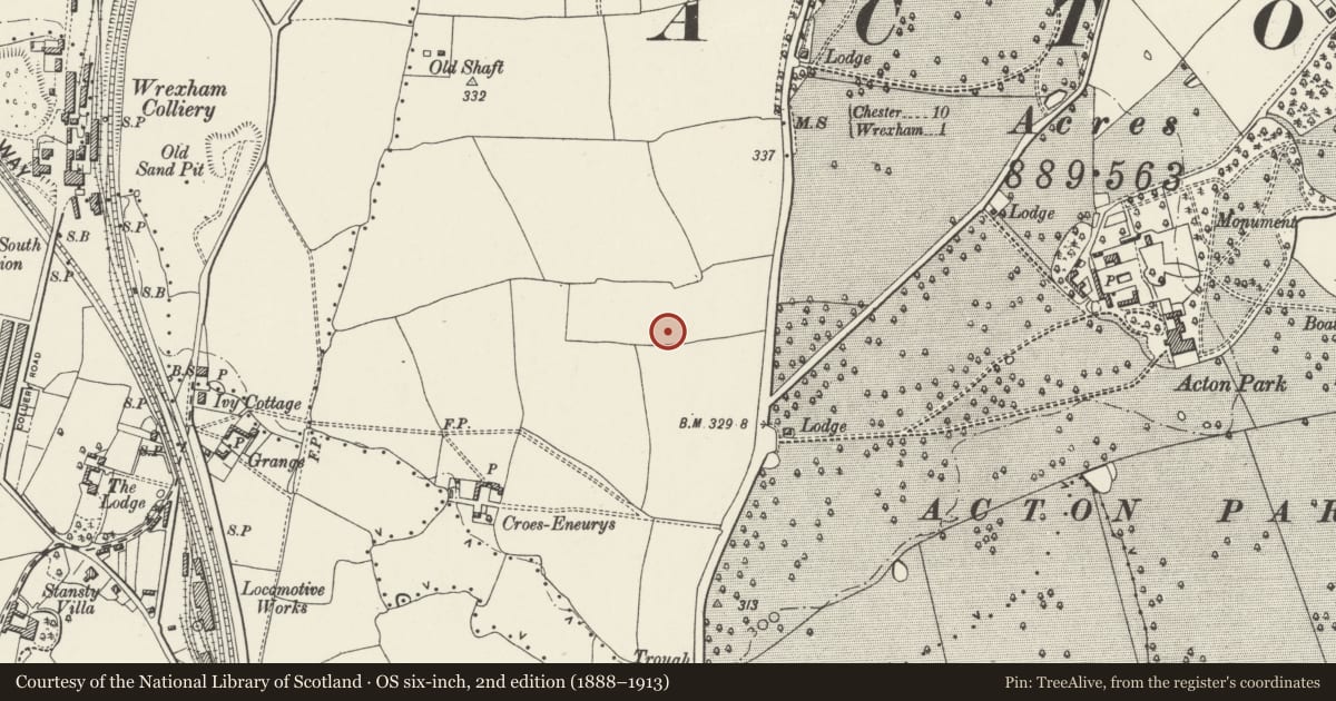 Ordnance Survey six-inch map, 2nd edition (1888–1913) covering the location of 63 Acton Gate, Rhosddu, Wrexham, with a pin at the register's coordinates
