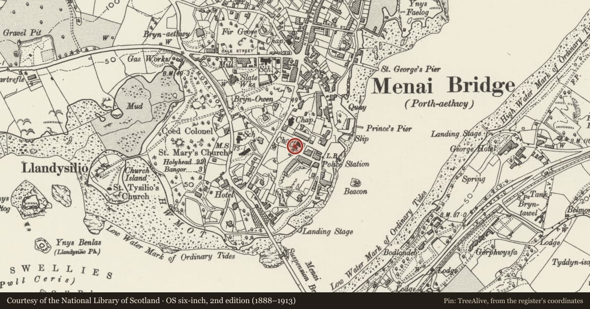 Ordnance Survey six-inch map, 2nd edition (1888–1913) covering the location of Capel Mawr Chapel House, Menai Bridge, Isle of Anglesey, with a pin at the register's coordinates