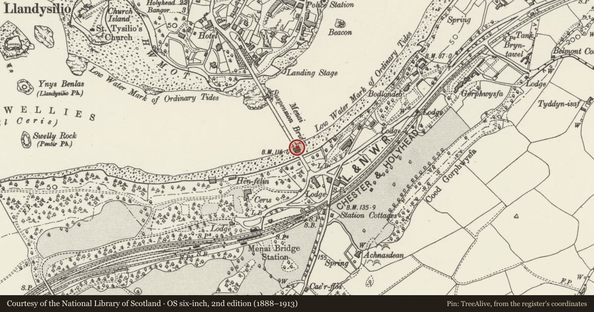Ordnance Survey six-inch map, 2nd edition (1888–1913) covering the location of Menai Suspension Bridge, Bangor, Gwynedd, with a pin at the register's coordinates