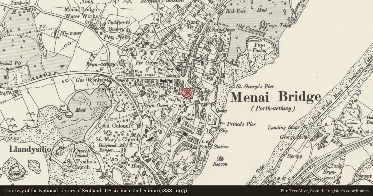 Ordnance Survey six-inch map, 2nd edition (1888–1913) covering the location of No 2 Tan Bryn, Menai Bridge, Isle of Anglesey, with a pin at the register's coordinates