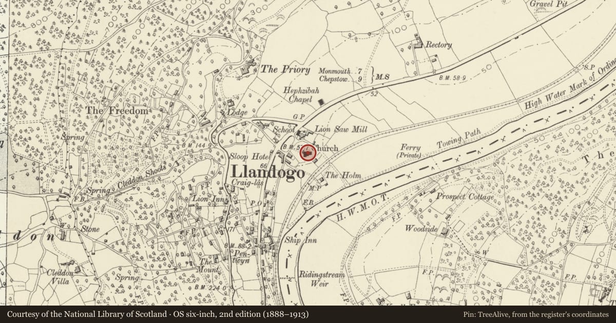 Ordnance Survey six-inch map, 2nd edition (1888–1913) covering the location of Church of St Oudoceus, Wye Valley, Monmouthshire, with a pin at the register's coordinates