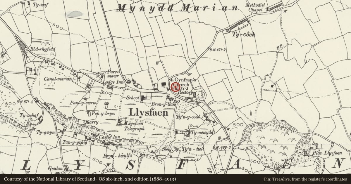 Ordnance Survey six-inch map, 2nd edition (1888–1913) covering the location of Church House, Llysfaen, Conwy, with a pin at the register's coordinates