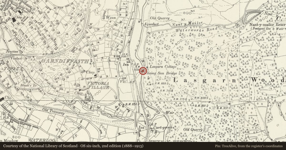 Ordnance Survey six-inch map, 2nd edition (1888–1913) covering the location of Rising Sun Bridge, Abersychan, Torfaen, with a pin at the register's coordinates