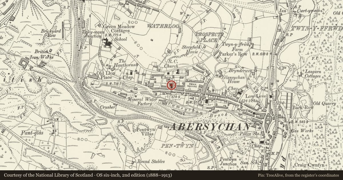 Ordnance Survey six-inch map, 2nd edition (1888–1913) covering the location of High Street Baptist Church, Abersychan, Torfaen, with a pin at the register's coordinates