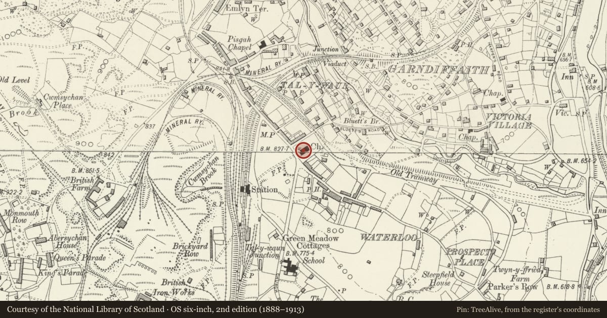 Ordnance Survey six-inch map, 2nd edition (1888–1913) covering the location of Church of St Thomas, Abersychan, Torfaen, with a pin at the register's coordinates