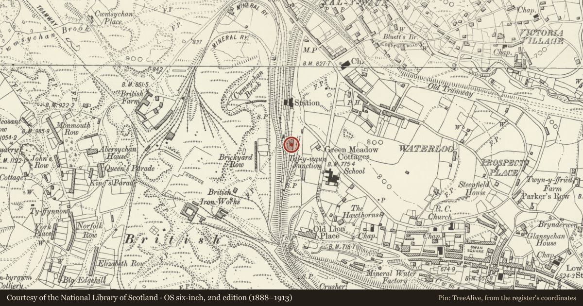 Ordnance Survey six-inch map, 2nd edition (1888–1913) covering the location of Former Goods Shed of Abersychan and Talywain Station, Torfaen, with a pin at the register's coordinates