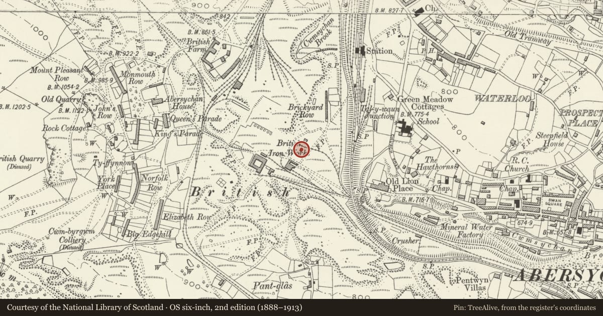 Ordnance Survey six-inch map, 2nd edition (1888–1913) covering the location of British Colliery Pumping Engine House, Abersychan, Torfaen, with a pin at the register's coordinates