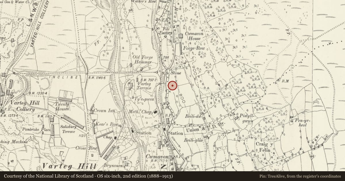 Ordnance Survey six-inch map, 2nd edition (1888–1913) covering the location of Former Westlake's Brewery, Abersychan, Torfaen, with a pin at the register's coordinates