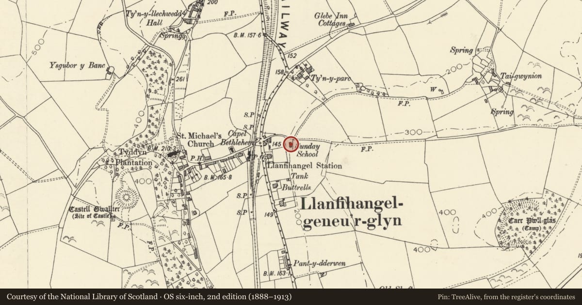 Ordnance Survey six-inch map, 2nd edition (1888–1913) covering the location of Sunday School, Geneu'r Glyn, Ceredigion, with a pin at the register's coordinates