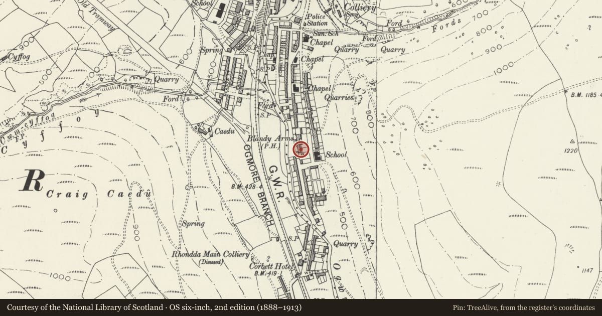 Ordnance Survey six-inch map, 2nd edition (1888–1913) covering the location of Former Co-operative Wholesale Society Building, Ogmore Valley, Bridgend, with a pin at the register's coordinates