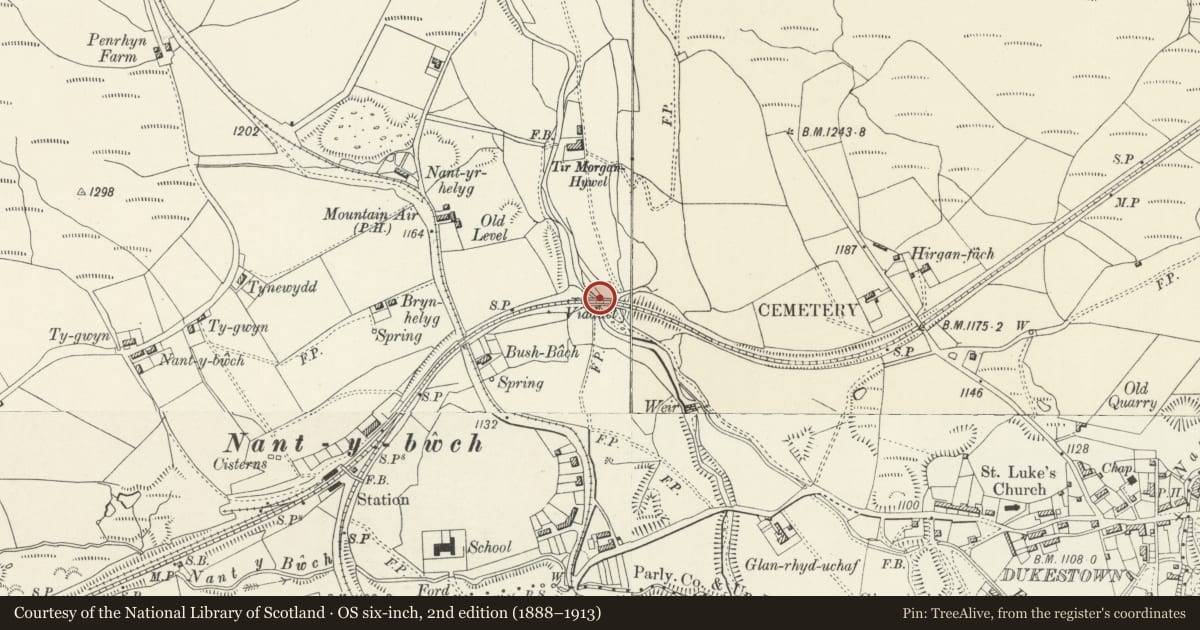 Ordnance Survey six-inch map, 2nd edition (1888–1913) covering the location of Blaen y Cwm Viaduct, Tredegar, Blaenau Gwent, with a pin at the register's coordinates