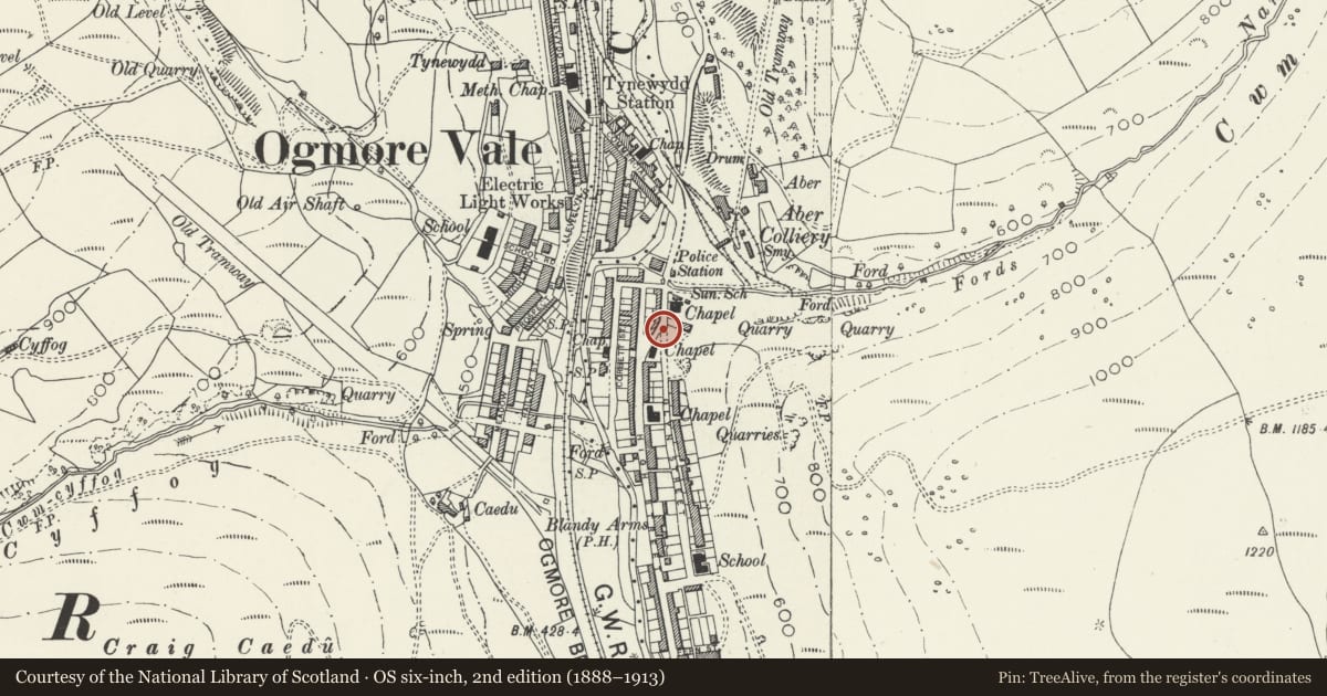 Ordnance Survey six-inch map, 2nd edition (1888–1913) covering the location of Fingerpost at the junction of High Street and Glyn Street, Ogmore Valley, Bridgend, with a pin at the register's coordinates