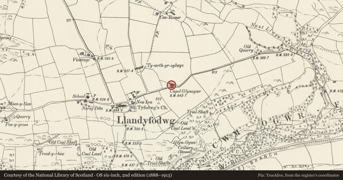 Ordnance Survey six-inch map, 2nd edition (1888–1913) covering the location of Capel Newydd, also known as Glynogwr Methodist Chapel, Ogmore Valley, Bridgend, with a pin at the register's coordinates