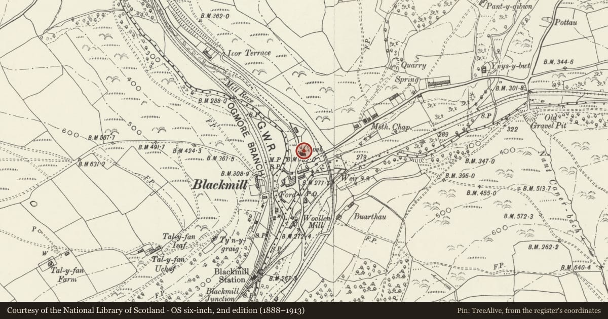 Ordnance Survey six-inch map, 2nd edition (1888–1913) covering the location of Paran Capel y Bedyddwr, Ogmore Valley, Bridgend, with a pin at the register's coordinates