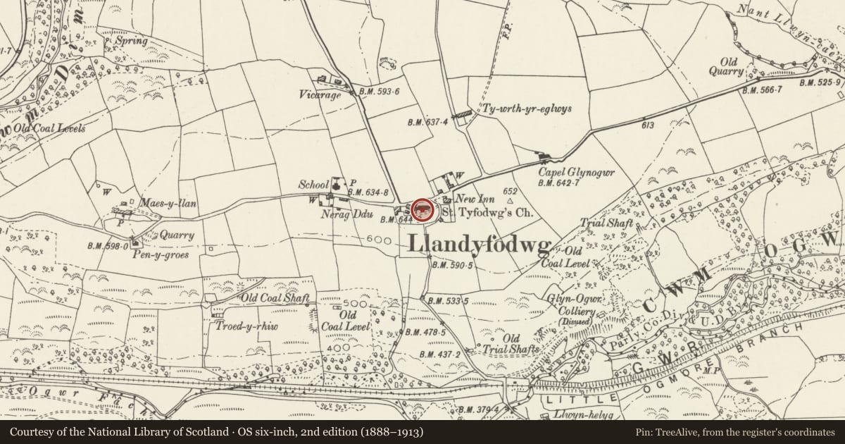 Ordnance Survey six-inch map, 2nd edition (1888–1913) covering the location of Church of St Tyfodwg, Llandyfodwg - Glynogwr, Ogmore Valley, Bridgend, with a pin at the register's coordinates