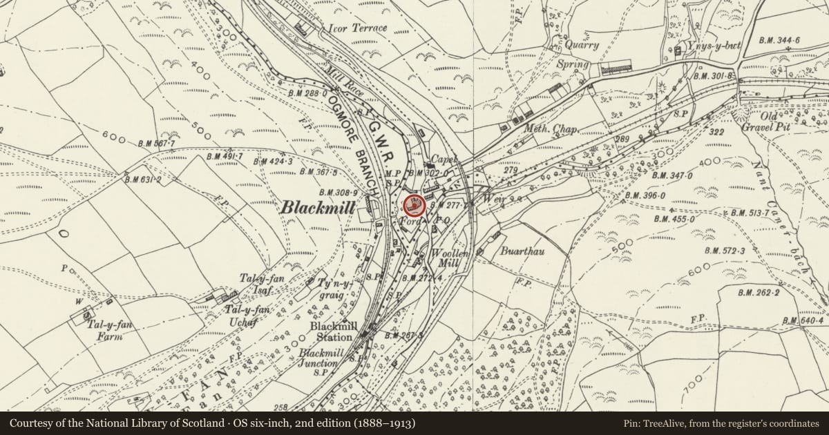 Ordnance Survey six-inch map, 2nd edition (1888–1913) covering the location of Fox and Hounds PH, Ogmore Valley, Bridgend, with a pin at the register's coordinates