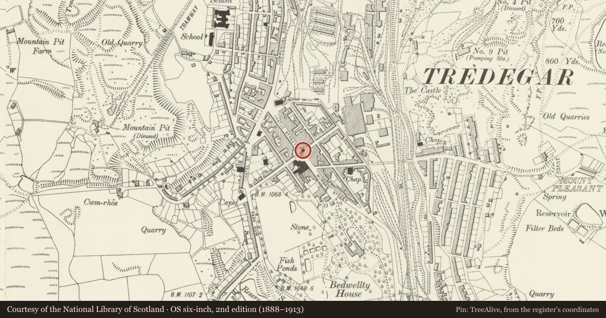 Ordnance Survey six-inch map, 2nd edition (1888–1913) covering the location of The Town Clock, Tredegar, Blaenau Gwent, with a pin at the register's coordinates