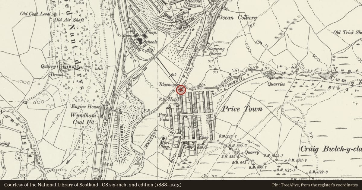 Ordnance Survey six-inch map, 2nd edition (1888–1913) covering the location of Blaenogwr Farmhouse, Ogmore Valley, Bridgend, with a pin at the register's coordinates