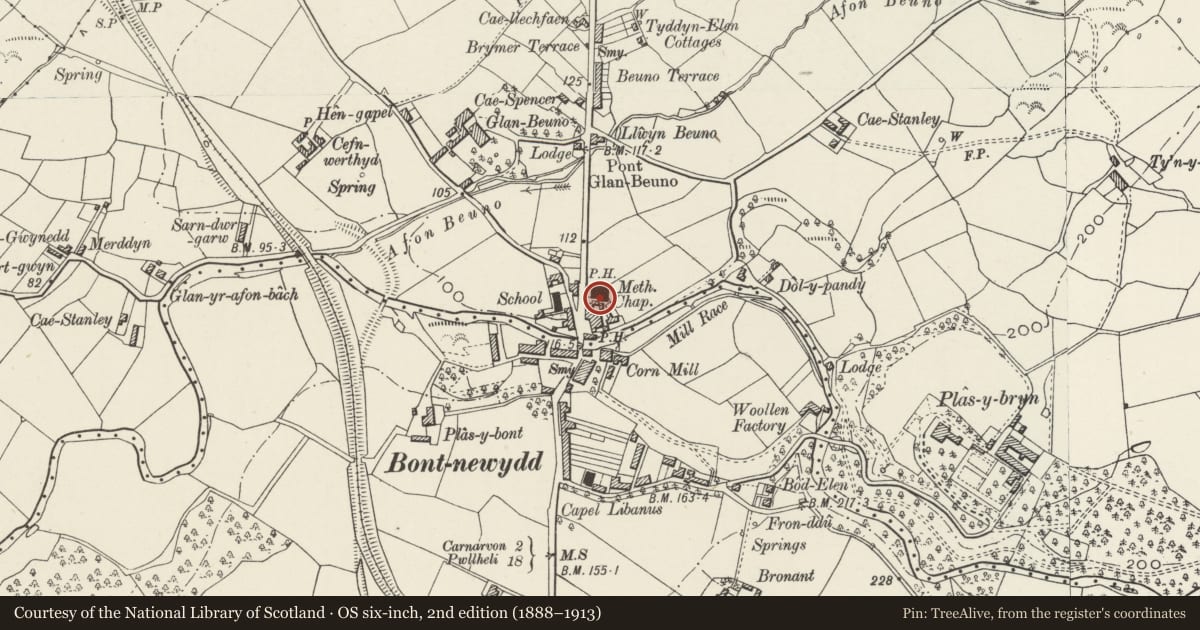 Ordnance Survey six-inch map, 2nd edition (1888–1913) covering the location of Capel Siloam, Bontnewydd, Gwynedd, with a pin at the register's coordinates