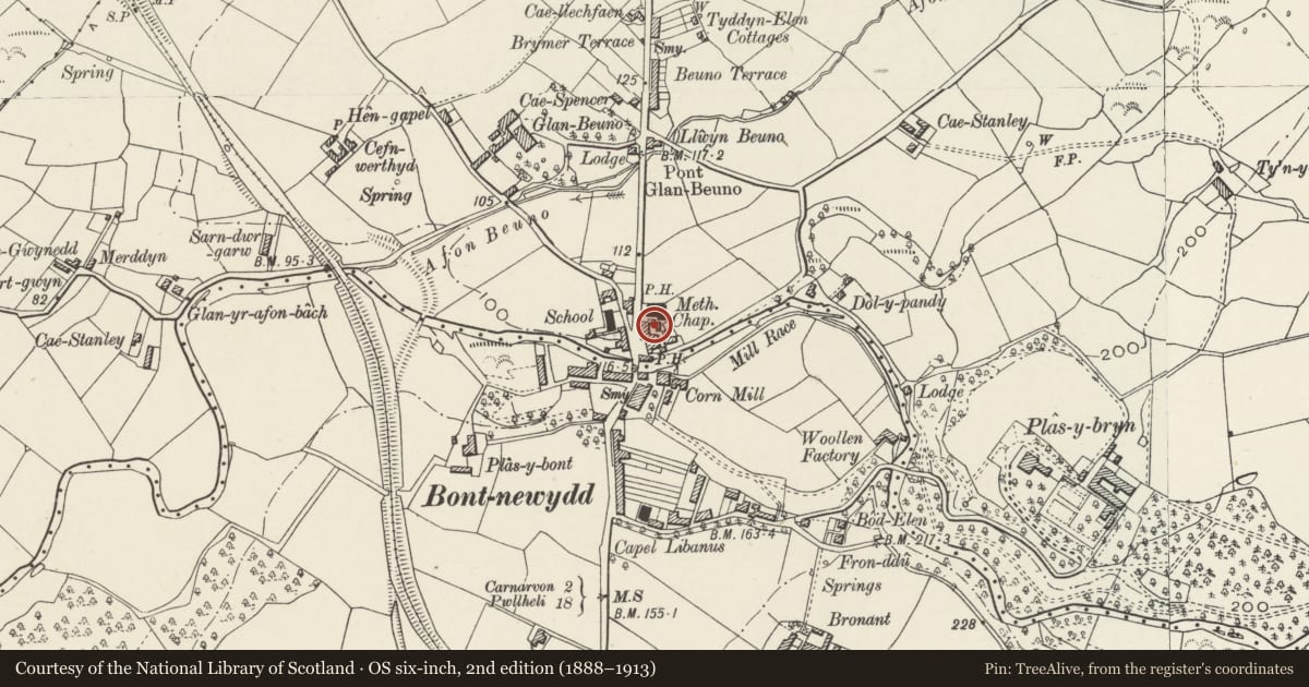 Ordnance Survey six-inch map, 2nd edition (1888–1913) covering the location of Ty Capel Siloam, Bontnewydd, Gwynedd, with a pin at the register's coordinates