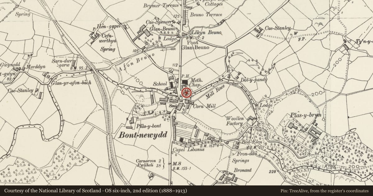 Ordnance Survey six-inch map, 2nd edition (1888–1913) covering the location of Newborough Arms, Bontnewydd, Gwynedd, with a pin at the register's coordinates