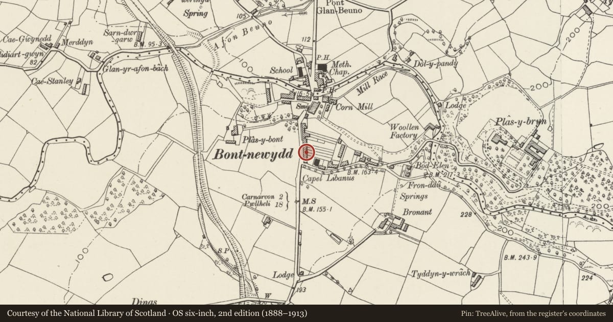 Ordnance Survey six-inch map, 2nd edition (1888–1913) covering the location of Pentre Uchaf, Bontnewydd, Gwynedd, with a pin at the register's coordinates