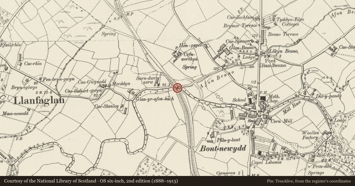 Ordnance Survey six-inch map, 2nd edition (1888–1913) covering the location of Former railway bridge at Bontnewydd, Gwynedd, with a pin at the register's coordinates