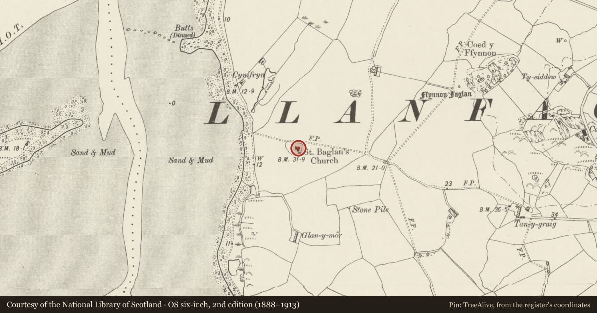 Ordnance Survey six-inch map, 2nd edition (1888–1913) covering the location of Church of St Baglan, Bontnewydd, Gwynedd, with a pin at the register's coordinates