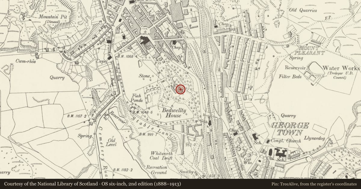 Ordnance Survey six-inch map, 2nd edition (1888–1913) covering the location of Bedwellty House, Tredegar, Blaenau Gwent, with a pin at the register's coordinates