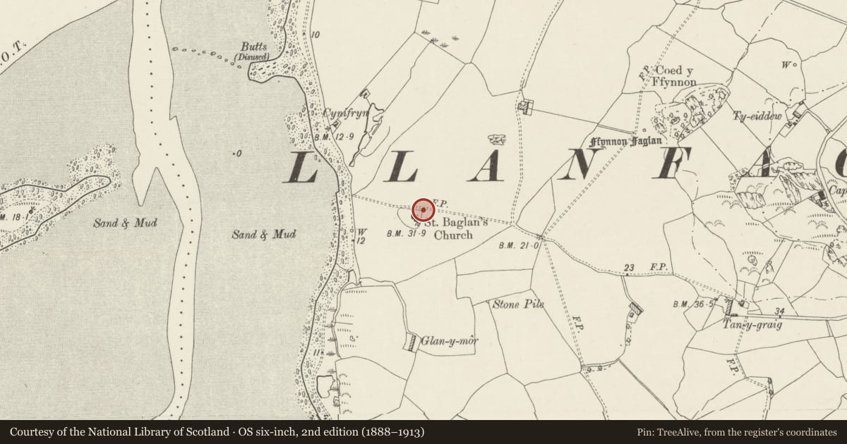 Ordnance Survey six-inch map, 2nd edition (1888–1913) covering the location of Lychgate, stable and churchyard wall of the Church of Saint Baglan, Bontnewydd, Gwynedd, with a pin at the register's coordinates