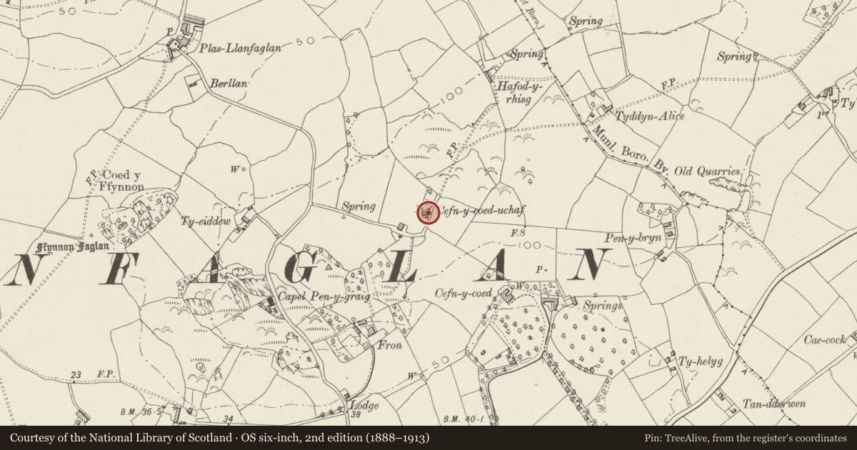 Ordnance Survey six-inch map, 2nd edition (1888–1913) covering the location of Cefn-y-coed-uchaf, Bontnewydd, Gwynedd, with a pin at the register's coordinates