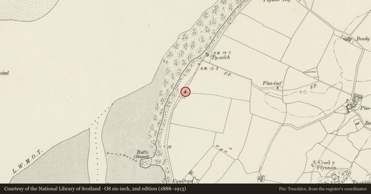 Ordnance Survey six-inch map, 2nd edition (1888–1913) covering the location of Lime kiln NE of Llanfaglan, Bontnewydd, Gwynedd, with a pin at the register's coordinates