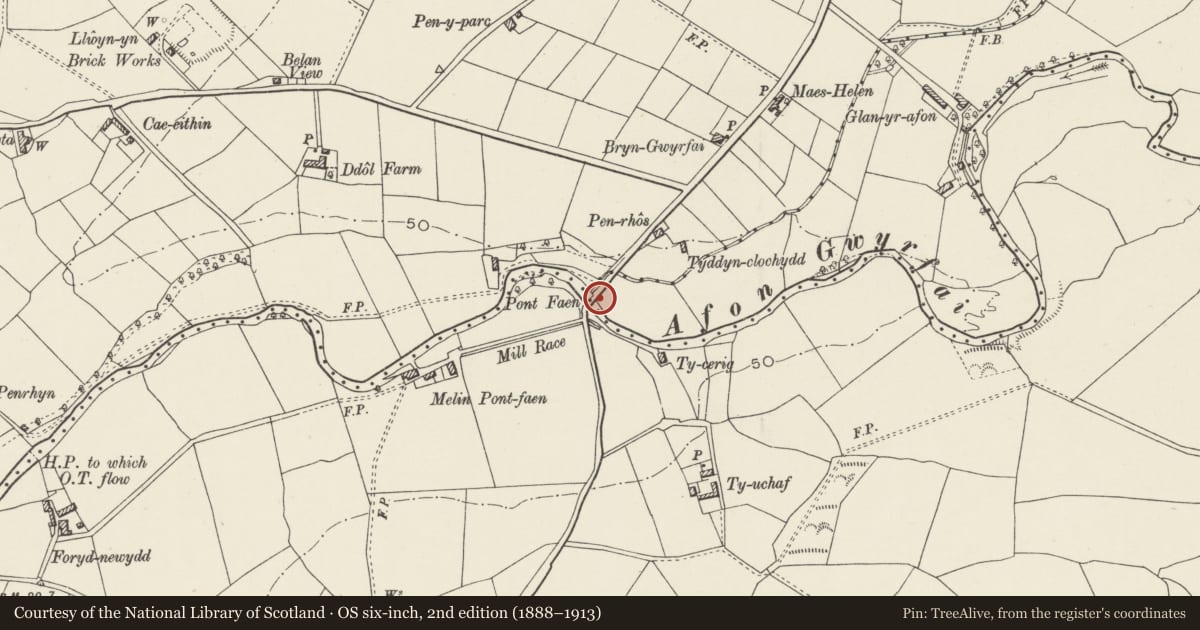 Ordnance Survey six-inch map, 2nd edition (1888–1913) covering the location of Pont Faen (partly in Llanwnda community), Bontnewydd, Gwynedd, with a pin at the register's coordinates